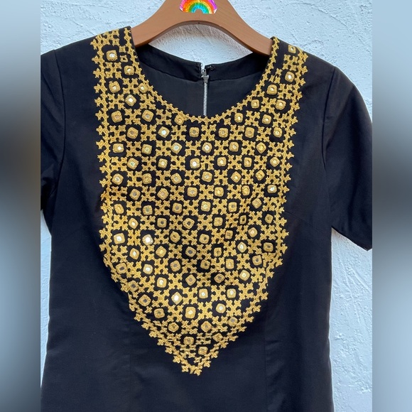 Vintage 60’s Boho Embroidery & Mirrored Discs Black Dress Size Small - Picture 7 of 9